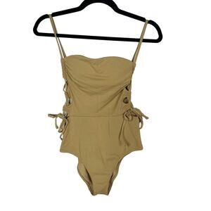 Aerie Small Golden Brown One Piece Pique Lace Up Bandeau Swimsuit Full Coverage